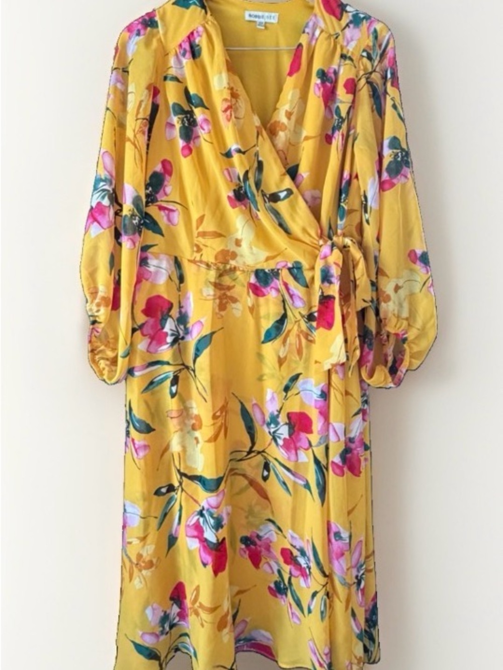 Faux Wrap Dress Balloon Sleeve 14W Yellow Floral Midi Chiffon V-Neck Robbie Bee
